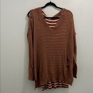 Brown V-Neck Sweater with Striped Undershirt